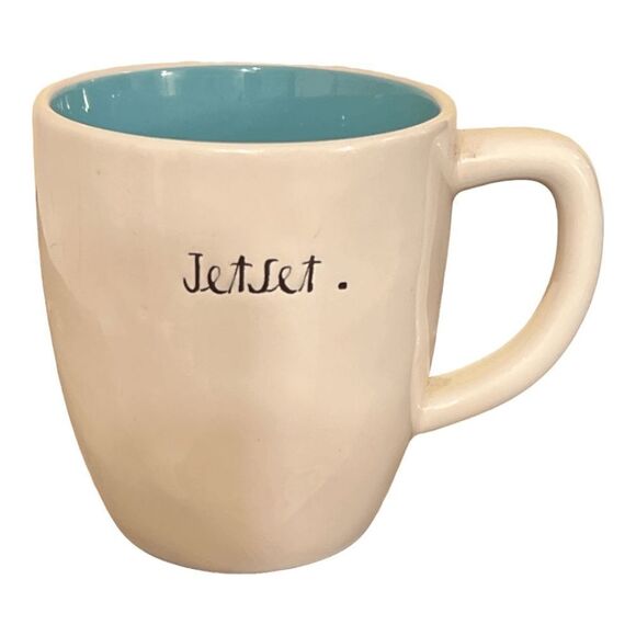 Rae Dunn Ceramic Coffee Mug - 16oz Jetset Type Print - Blue Interior - Picture 1 of 2